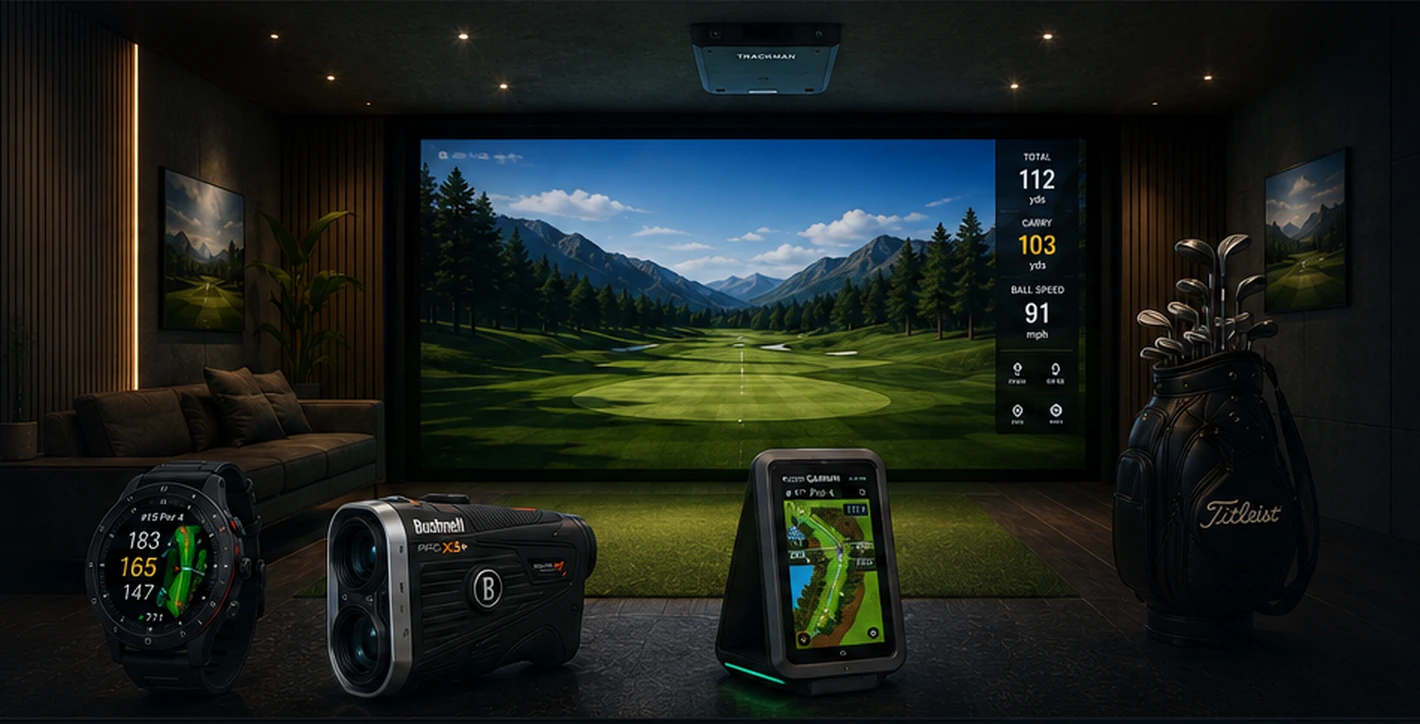 Golf technology products in a premium simulator room