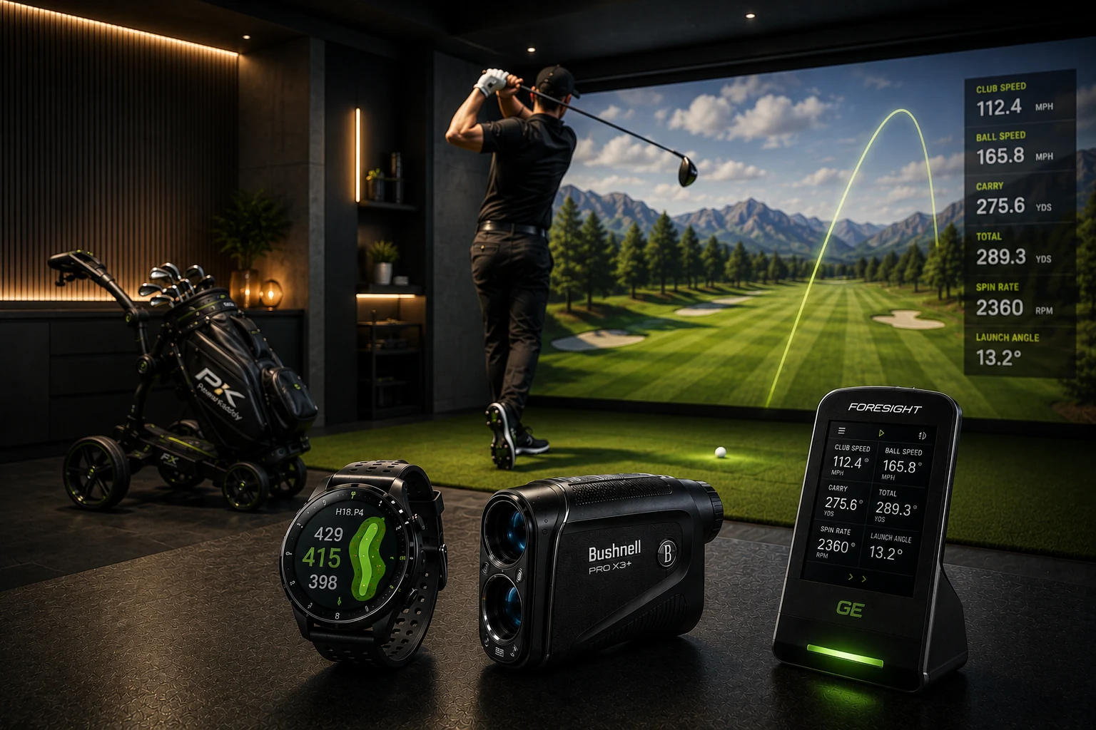 Golfer using technology in a premium indoor golf studio