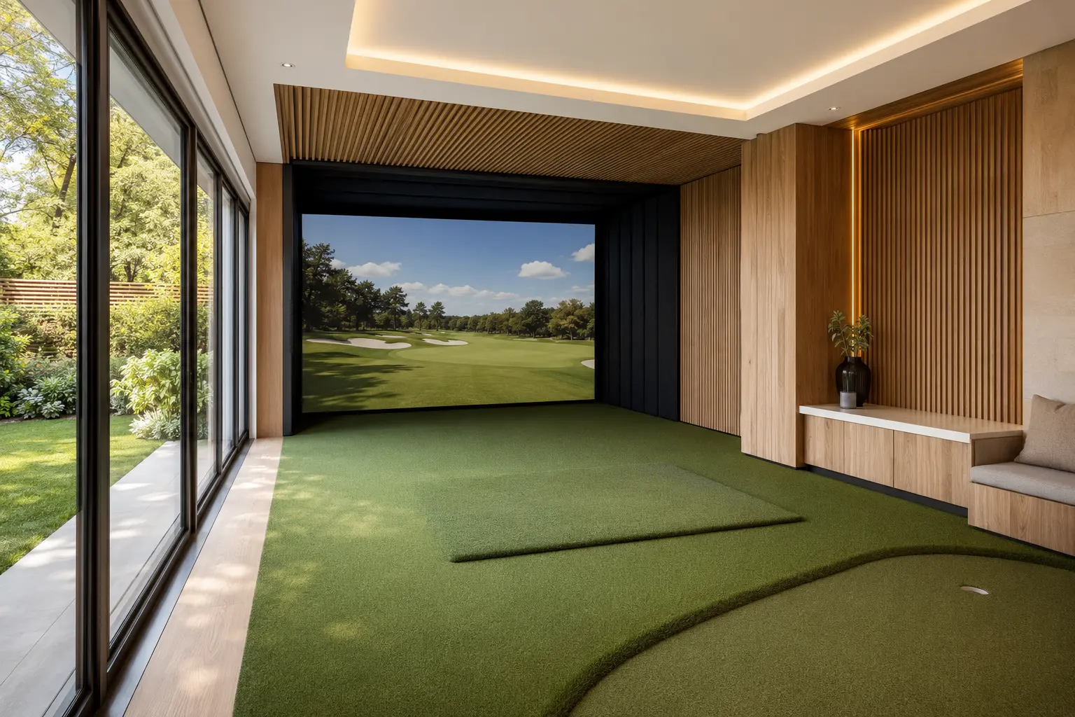 Bushnell Launch Pro Studio Package in a bright contemporary simulator room